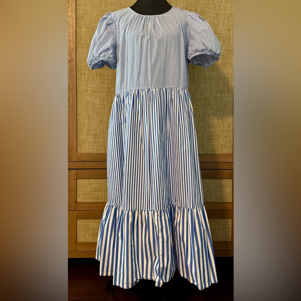 J. Crew Women’s Blue and White Striped Tiered Dress. Size 12